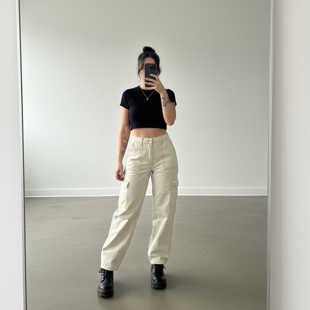 Fashion Nova Cream Contrast Stitching Cargo Straight Leg Carpenter Pants